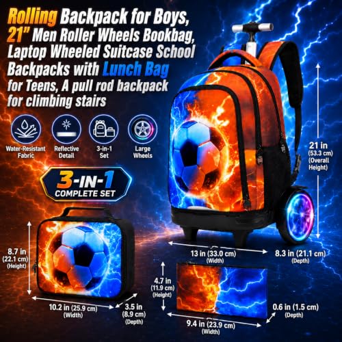 gxtvo Large Wheels & Quiet Glide | Rolling Backpack for Kids - Water-Resistant Wheeled Bag with Lunch Box for School, Travel & Outings - Fire & Lightning Soccer - color: Rolling Backpack Fire Lightning Soccer