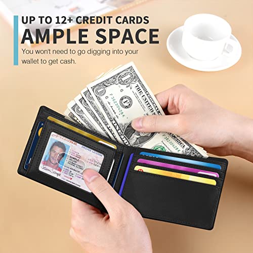 RUNBOX Wallet for Men, Slim Leather Bifold, RFID Blocking Card Holder - color: carbon black& plaid