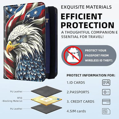 RFID Security Premium Passport and Travel Document Holder Combo, Slim PU Leather Folio Wallet with 3 Card Slots & Boarding Pass Pocket, Secure Elastic Closure Organizer, American Flag Eagle - color: American Flag Eagle