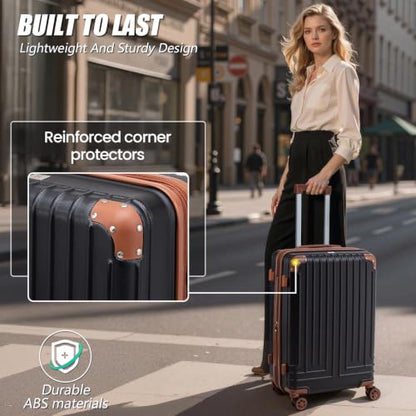 KUNEL Luggage Sets 5 Piece, Hardshell Expandable Suitcase, 20/24/28inch - color: Black
