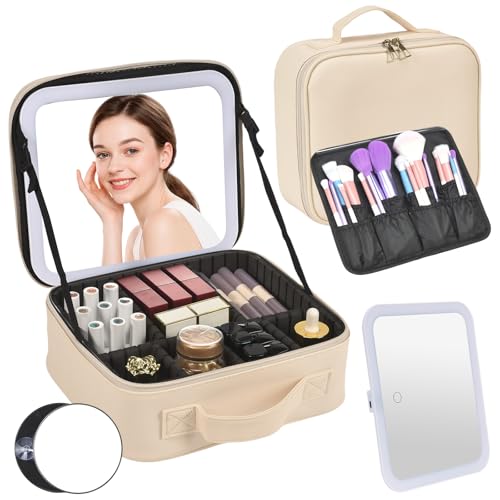 Travel Makeup Bag with Mirror & 8 Adjustable EVA Dividers, Beige - color: Beige-8 Dividers