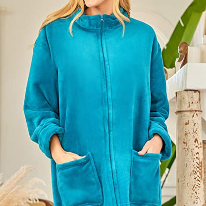 Women's Long Sleeve Plush Fleece Zip Up Robe, Zipper Bathrobe - color: Turquoise, size: Small