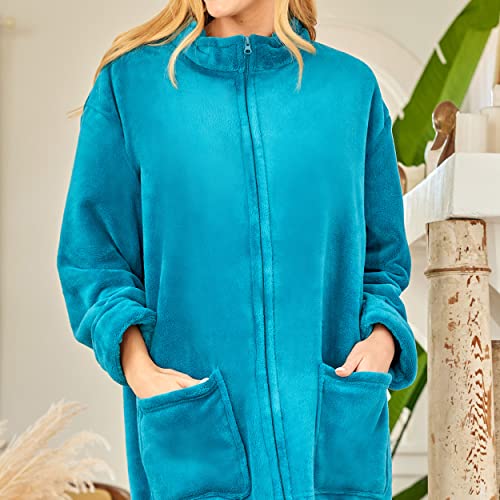 Women's Long Sleeve Plush Fleece Zip Up Robe, Zipper Bathrobe - color: Turquoise, size: Large
