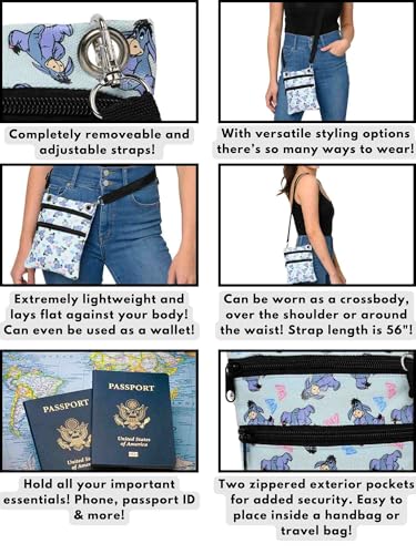 Disney Passport Bag Crossbody Mickey Minnie Eeyore Stitch Cheshire Print - color: Light Blue