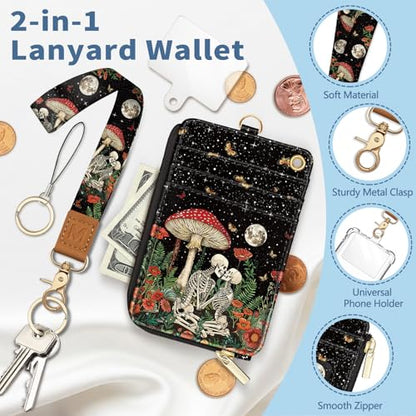 Skull Lanyard Wallet with Id Badge Holder Keychain for Card Women - color: Skeleton Mushroom