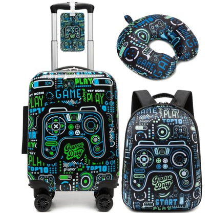 4 Piece Kid's Luggage Set 16" Hardside Luggage with Spinner Wheels Boys Carry on Toddler Travel Rolling Suitcase Airline Approved - color: Black Game Controller