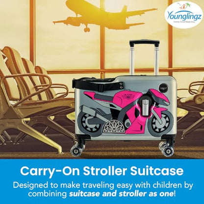 Younglingz LIL FLYER GO Version 2 Ride On Suitcase for Kids | Carry On Luggage with Toddler Seat, Foldable Handlebars, Pedals, and Removable Wheels | Holds up to 80 lbs | Pink Motorcycle | Ages 2-6 - color: Pink Motorcycle V2