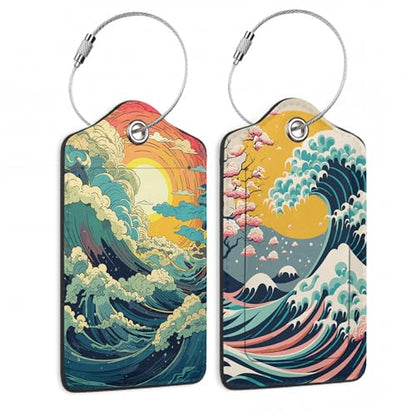 Waves Sunrise 여행 가방 태그 2피스 독특한 가죽 여행 가방 태그 전체 프라이버시 커버 스테인리스 스틸 루프 여성 남성 여행 수하물 가방 백팩 - color: 웨이브 선라이즈