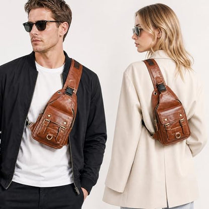 Genuine Leather Hiking Travel DayPack Sling Crossbody Triangle Chest Pack Bag For Men Women 8241 (E-Brown 2) - color: E-brown 2