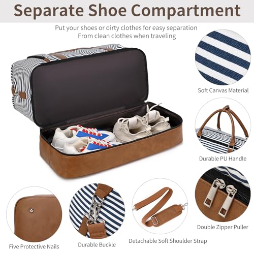 Weekender Bag, Large Travel Duffel Bag for Women, Carry on Overnight Bag with Shoe Compartment and Toiletry Bags - color: B-Blue-White