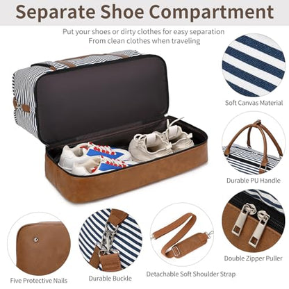 Weekender Bag, Large Travel Duffel Bag for Women, Carry on Overnight Bag with Shoe Compartment and Toiletry Bags - color: B-Blue-White