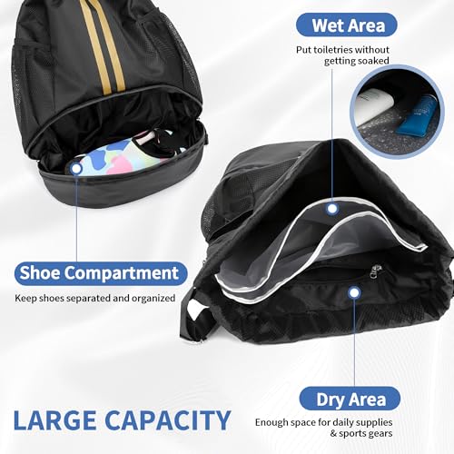 JELUTAR Drawstring Backpack Gym Bag with Shoes Pocket, Black Gold - color: Black Gold, size: Large