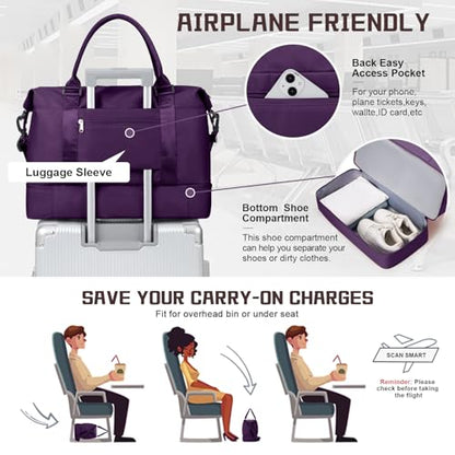 Travel Duffel Bag with Shoes Compartment, Overnight Weekender Bags for Women, Carry on Personal Item Travel Set,Extra Large(Dark Purple) - color: Dark Purple, size: Extra Large