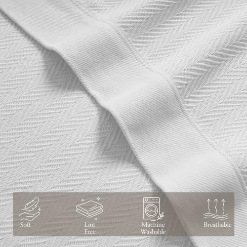 Threadmill Luxury 100% Cotton Queen Herringbone Blanket, Bright White - color: Bright White, size: Queen (90" x 92")