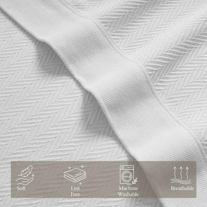 Threadmill Luxury 100% Cotton Twin Herringbone Blanket, Bright White - color: Bright White, size: Twin (68" x 92")