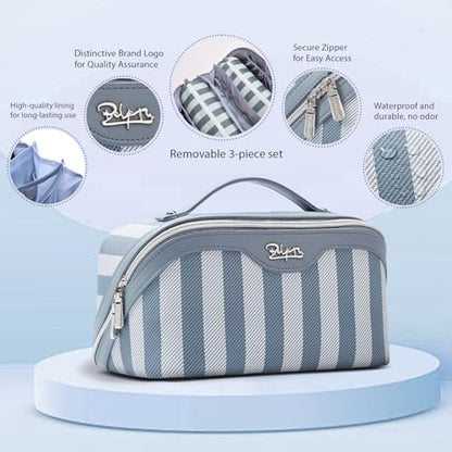 BOYATU Travel Makeup Bag for Women: 3 Pcs Set Striped Make up Bag,Blue - color: A-1-Blue