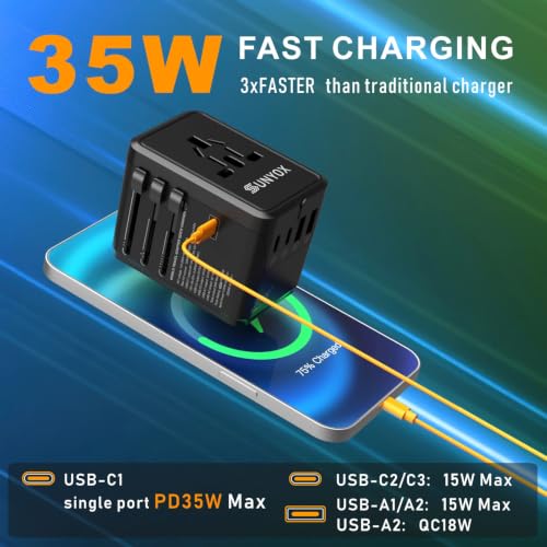 Universal Travel Adapter-35W International Power Adapter, PD&QC Fast Charge