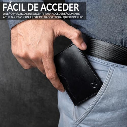FOXHACKLE Full Grain Leather Credit Card Holder for Men and Women, Slim Bifold RFID Blocking Wallet, Thin Front Pocket Minimalist Wallet, Small Card Case. - color: Black