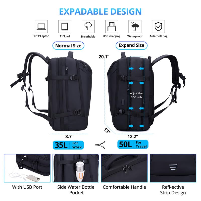 Travel Backpack for Men 50L Expandable Flight Approved Carry on Backpacks - color: Black