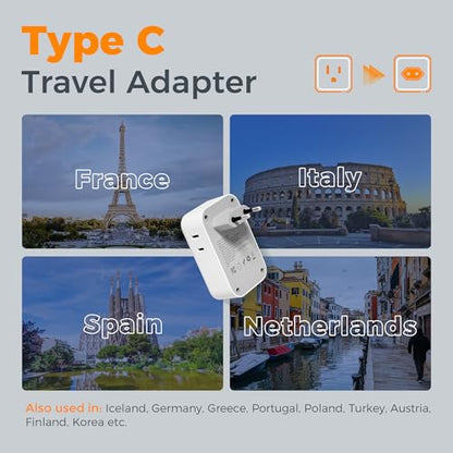 TESSAN US to Europe Plug Adapter, Type‑C Travel Adaptor - style: Type C- Most of Europe