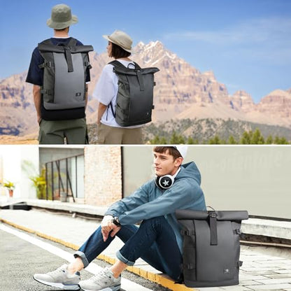 Rolltop Backpack for Men Women, Expandable Travel Laptop Backpack - color: Grey