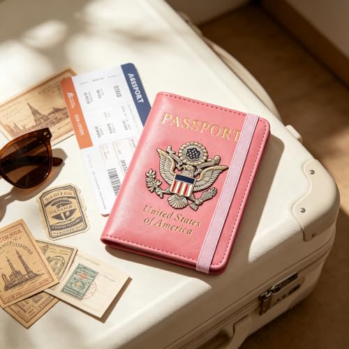 Premium Passport Holder for Travel RFID Blocking Passport Cover Slim - color: Pink