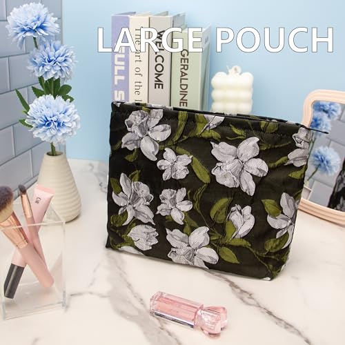 Flat Makeup Bag for Women,Zipper Cosmetic Pouch Purse,Brocade Floral Black - color: Brocade Floral Black