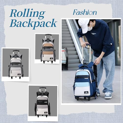 ZHANAO Kids Rolling Backpack for Boys School Color-blocking Trolley Bag - color: Blue-6 Wheels