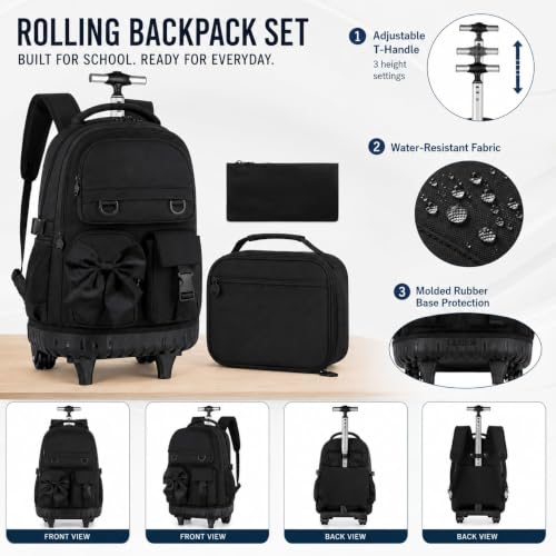 3Pcs Rolling Backpack for Girls Women, School Kids Roller Bookbag with Wheels, Wheeled Backpacks Set for Elementary (Black) - color: Bow Black