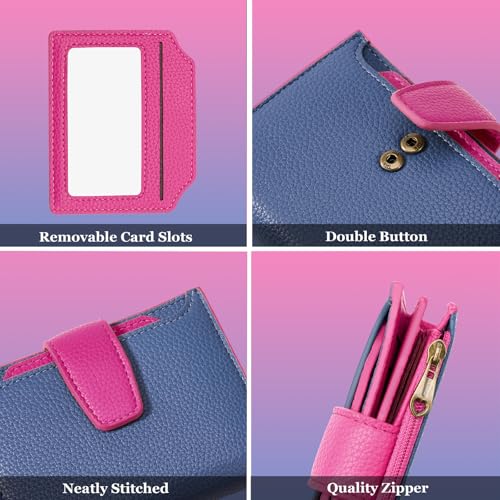 Airkit Small Wallet Women RFID Blocking Vegan Leather Bifold Compact Card Holder Wallet for Women with Zipper Coin Pocket 4 ID Window - color: Colorblock - Blue/Plum Red
