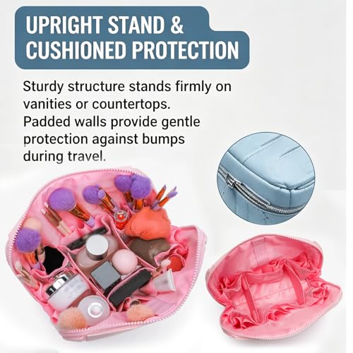 Makeup Bag, Travel Makeup Organizer Bag with Fold-Down Design and Adjustable Dividers, 27 Pockets & 3 Brush Storage Holders, Large Capacity Cosmetic Bags Toiletry Case (Brown)