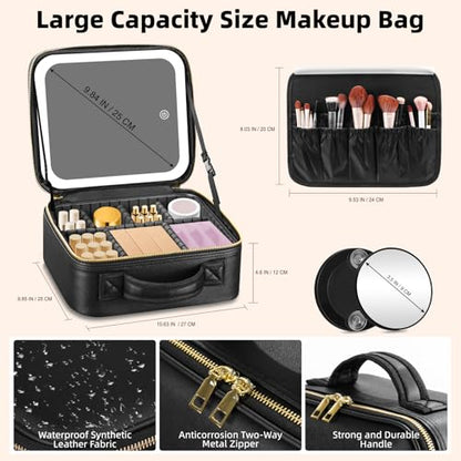 Travel Makeup Bag with Mirror of LED Lighted, Makeup Train Case with Adjustable Dividers, Makeup Case with Mirror and Detachable 10x Magnifying Mirror - color: Black