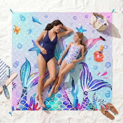 Mermaid Beach Blanket, Large 79" x 83" Sandproof Water-Resistant Beach Mat - color: Mermaid
