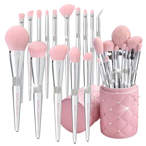 Bueart Design 15Pcs Labeled Makeup Brushes Set with Elegant Pink Holder - color: Silver Pink