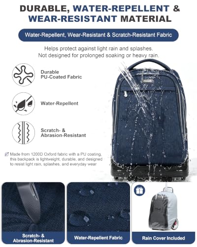 NEW TILAMI 19 Inch Rolling Backpack for School Stair-Climbing, Navy Blue - color: Navy Blue