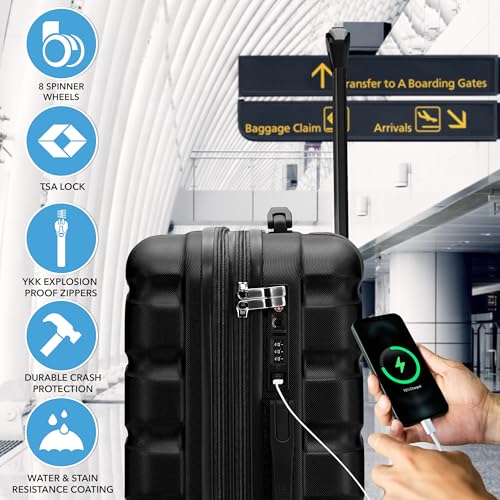 Flight Knight 22x18x10" Expandable Carry On Suitcase Hardside TSA Lock & USB C Port Lightweight Luggage Silent Double Spinner Wheels Maximum Spirit Overhead Carry-On Bag Airlines Approved Black - color: Black, size: 22x18x10"