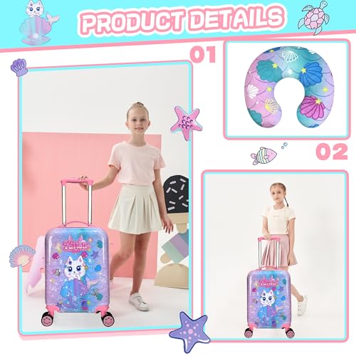 Cute Cat Kid's Luggage Set: 2 Piece Hardside Spinner Wheels Suitcase Set, 16' Airline Approved, Pink Cat Pattern, Ages 5+ - color: Cat Pink