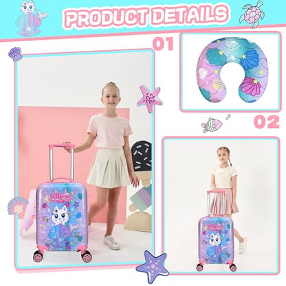 Cute Cat Kid's Luggage Set: 2 Piece Hardside Spinner Wheels Suitcase Set, 16' Airline Approved, Pink Cat Pattern, Ages 5+ - color: Cat Pink
