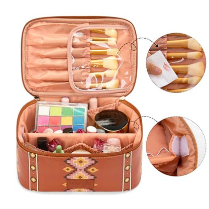Wrangler Travel Makeup Bag 2pcs Set Cosmetic Bag with Makeup Brush Holder - color: Aztec-Brown