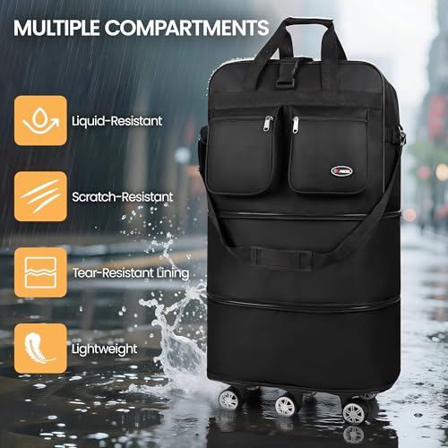 40'' Expandable Rolling Duffle Bag w/Wheels,Foldable - color: BLACK, size: 40in