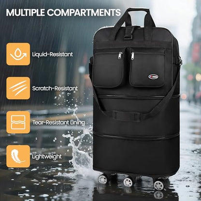 40'' Expandable Rolling Duffle Bag w/Wheels,Foldable - color: BLACK, size: 40in