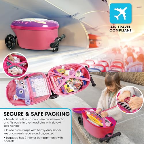 KIDDIETOTES Girls Ride-On Scooter Suitcase, Foldable TSA Carry-On Luggage | Ages 5+, 110 lb riders, 22L packing space, 1-year warranty. 3-D hardshell, telescoping handle, light-up wheels. - style: Alpine Llama