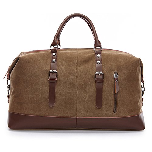 Coffee Canvas PU Leather Travel Tote Duffel Bag Carry on Bag Weekender Overnight Bag 21.3'' L x 13'' H x 9.4'' D - color: Coffee