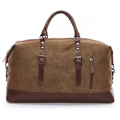 Coffee Canvas PU Leather Travel Tote Duffel Bag Carry on Bag Weekender Overnight Bag 21.3'' L x 13'' H x 9.4'' D - color: Coffee