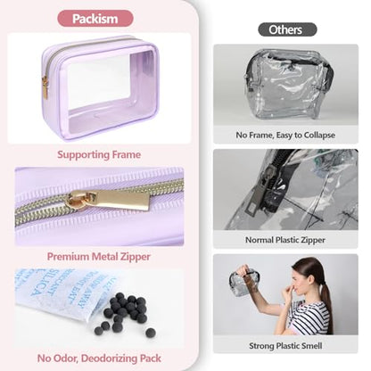 PACKISM Clear Makeup Bag Foldable - TSA Approved Toiletry Bag for Travel - color: 2 Pack Purple, size: Hybrid Traveler (1 Large & 1 Medium - Soft)