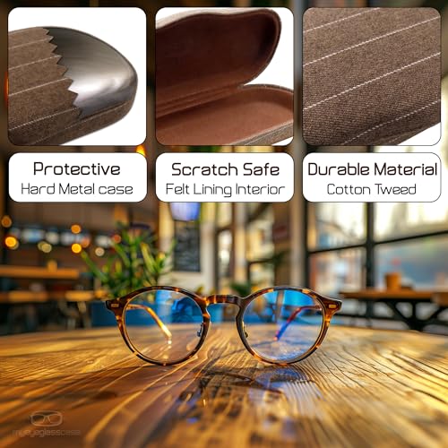 MyEyeglassCase Men's Medium Glasses Case - Classic Eyeglasses Hard Shell Holder, Elegant Easy Open Lip with Pouch and Cloth - color: As196 Tweed Brown