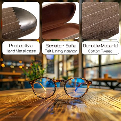 MyEyeglassCase Men's Medium Glasses Case - Classic Eyeglasses Hard Shell Holder, Elegant Easy Open Lip with Pouch and Cloth - color: As196 Tweed Brown