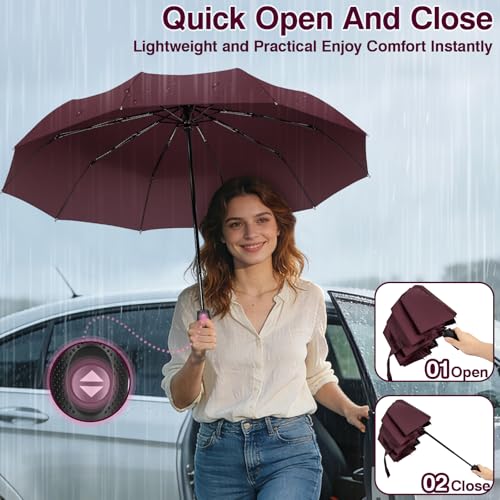 ZOMAKE Travel Umbrella Compact - 10 Ribs Portable Collapsible Umbrellas for Rain Windproof - Paraguas Automatic Small Folding Umbrella Lightweight Packable Umbrella for Women Men - color: Burgundy