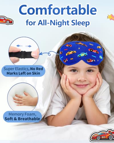 BeeVines Kids 3D Contoured Sleep Mask, 100% Blackout Sleeping Eye Masks for Boys, Pressure-free Memory Foam Cushioned Eye Cover, Adjustable Strap, for Travel Gifts (Racing Car)