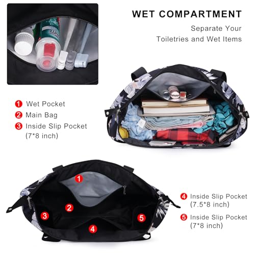 Expandable Duffel Bag for Women with Trolley Sleeve/Wet Pocket Weekender Travel Tote Large Carry On Overnight Luggage - color: Hibiscus